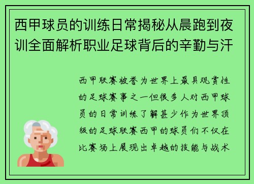 西甲球员的训练日常揭秘从晨跑到夜训全面解析职业足球背后的辛勤与汗水