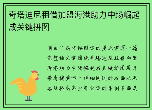 奇塔迪尼租借加盟海港助力中场崛起成关键拼图