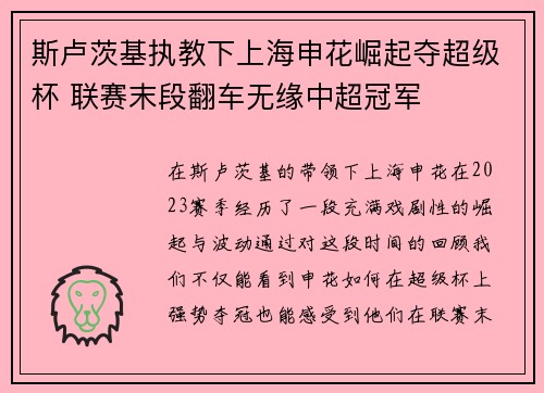 斯卢茨基执教下上海申花崛起夺超级杯 联赛末段翻车无缘中超冠军 斯卢茨基执教下上海申花崛起夺超级杯 联赛末段翻车无缘中超冠军